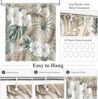 Tropical Shower Curtain for Bathroom, Green Palm Tree Flower Plant Boho Leaf Banana Monstera Sage Beige Shower Curtains Set, Fabric Bathroom Accessories with Hooks 60x72 Inch