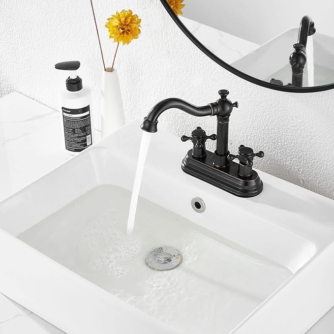 Bathroom Faucet Oil Rubbed Bronze GGStudy 2 Handles 4 Inches Centerset Bathroom Vanity with Drain Assembly and Supply Hose Lavatory Mixer Double Handle Tap