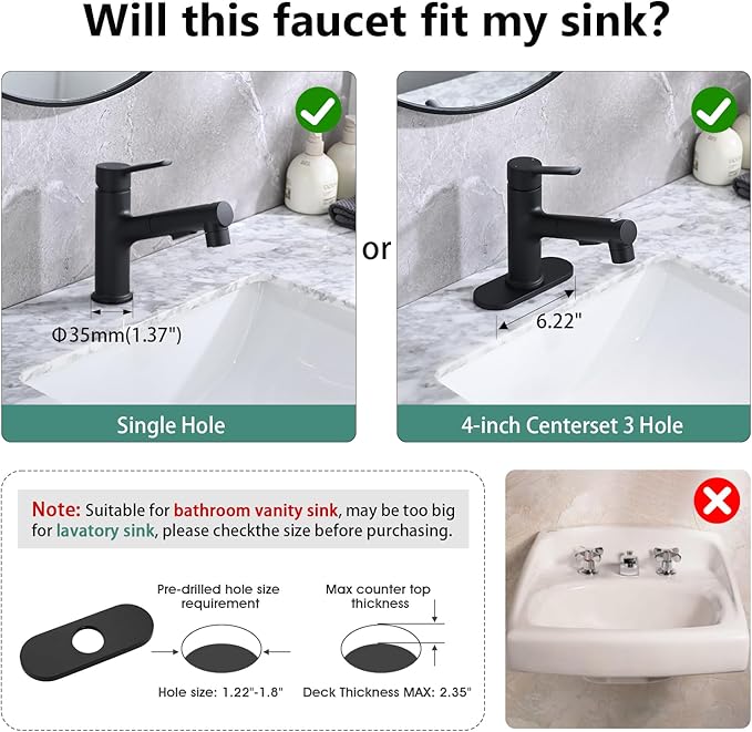 Bathroom Sink Faucet with Pull Out Sprayer, Single Handle Modern Bathroom Basin Faucet with Pop-up Sink Drain Stopper & Deck Plate 1 or 4-inch Centerset 3 Hole, Matte Black