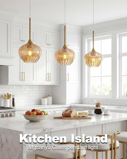 Amber Glass Pendant Lights Kitchen Island, 7.7" Vintage Adjustable Pendant Lighting Gold Hanging Light Fixtures for Kitchen, Dining Room, Sink, Bathroom