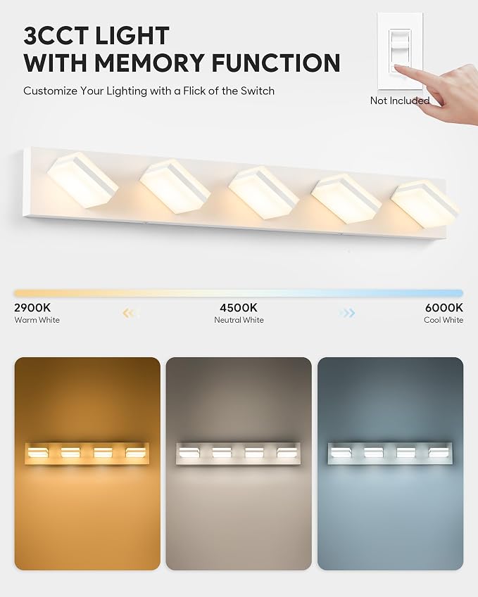 VONLUCE LED Modern Bathroom Vanity Light Fixture, Matte White | 34'', 5-Light, 3CCT, 360° Rotate, High CRI, Flicker-free, Dimmable, Memory Function, Waterproof IP44, Easy Installation