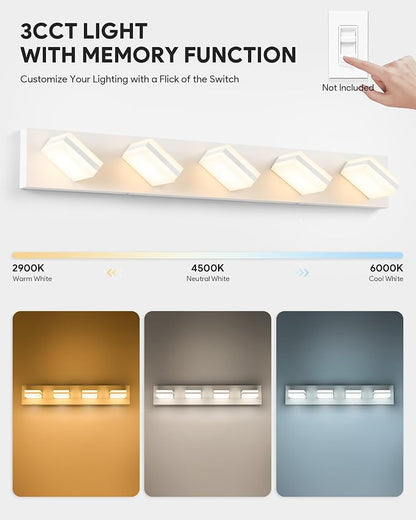 VONLUCE LED Modern Bathroom Vanity Light Fixture, Matte White | 34'', 5-Light, 3CCT, 360° Rotate, High CRI, Flicker-free, Dimmable, Memory Function, Waterproof IP44, Easy Installation