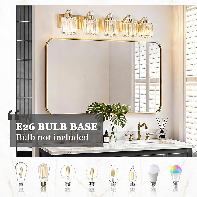 5-Lights Brushed Brass Bathroom Light Fixture Gold Vanity Lights Modern Crystal Bathroom Vanity Lighting Over Mirror Wall Sconce with K9 Crystal Shade E26 Base for Living Room, Bedroom Wall Lamp
