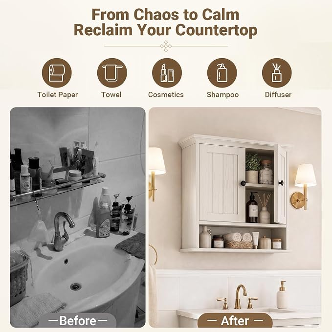 Besiost Farmhouse Bathroom Wall Medicine Cabinet with Removable Towel Bar | Over Toilet Storage Organizer, 7.9" Slim Profile, 100 Lbs Capacity, Adjustable Shelf, Soft Close Hinges Door, White