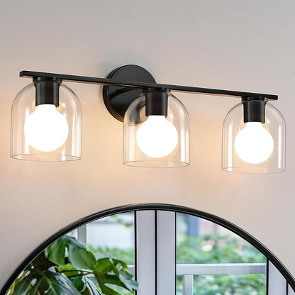 WOSHITU Bathroom Vanity Light Fixtures: 23.3 Inch Modern Matte Black Bathroom Lighting Fixtures Over Mirror with Clear Glass Shade, 3 Light Vanity Lighting Fixtures Wall Lights Over Mirror