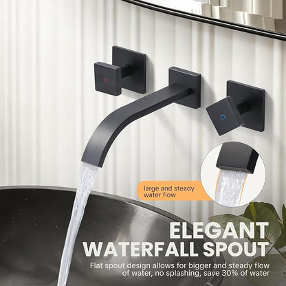 Wall-Mounted Bathroom Sink Faucet, Matte Black Bathroom Faucet | Waterfall Bathroom Faucet with Two Handles, Brass Bathroom Sink Faucet, Wall-Mounted Washroom Faucets and Rough-in Valve