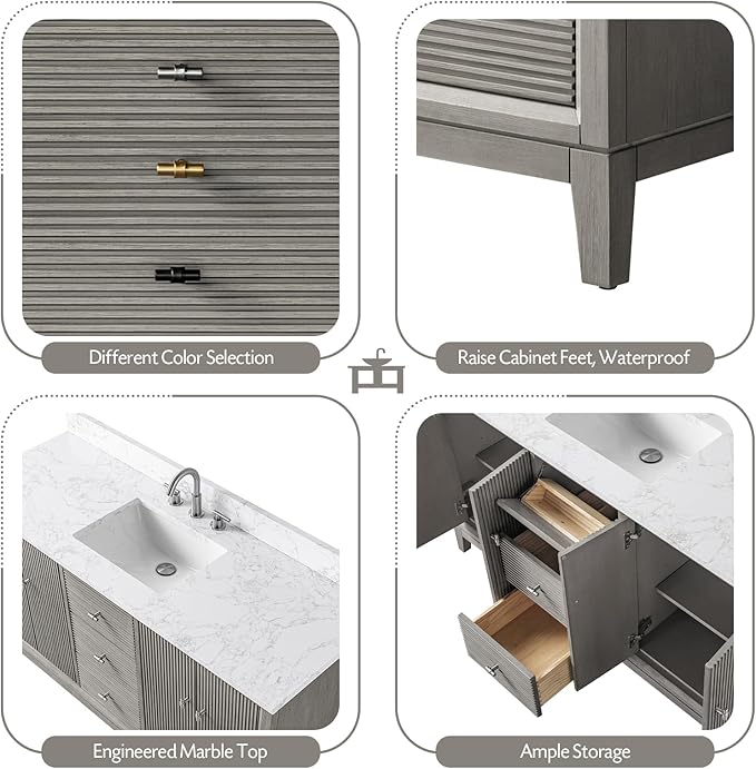Vanity Art 60" Bathroom Vanity with Single Sink & Arabescato White Engineered Stone Top, Vanity Cabinet with Soft Closing Door, Solid Wood Frame, Golden Brushed Handles, Driftwood Gray VA8160S-DG-GB
