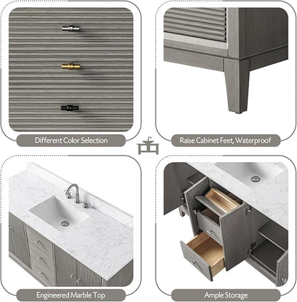 Vanity Art 60" Bathroom Vanity with Single Sink & Arabescato White Engineered Stone Top, Vanity Cabinet with Soft Closing Door, Solid Wood Frame, Golden Brushed Handles, Driftwood Gray VA8160S-DG-GB