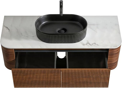 48" Preassembled Floating Bathroom Vanity with Black Sink, Walnut | Mid-Century Modern Style, Fluted & Soft-Close Drawer with U-shaped Wall, Sinterted Stone Countertop, Towel Rack Included