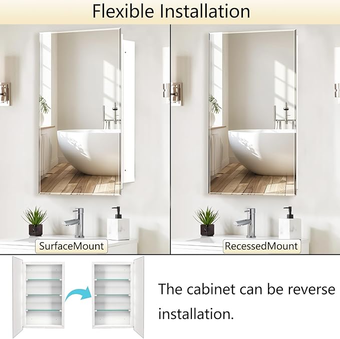 Medicine Cabinet with Beveled Mirror-22x30 inch Rectangular Beveled Frameless Mirror Cabinet, Waterproof Bathroom Storage Cabinet, Removable Shelves, Recessed or Surface Mount