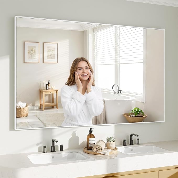 Koonmi White Rectangle Wall Mirror, 36x48 Inch Bathroom Mirror, Aluminum Frame Vanity Mirror for Entryway, Living Room, Bedroom Bathroom, Hangs Horizontally or Vertically