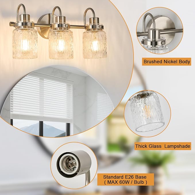 3 Lights Bathroom Vanity Light, Brushed Nickel Bathroom Light Fixtures with Hammered Glass Lampshade for Dressing Table,Over Mirror,Hallway