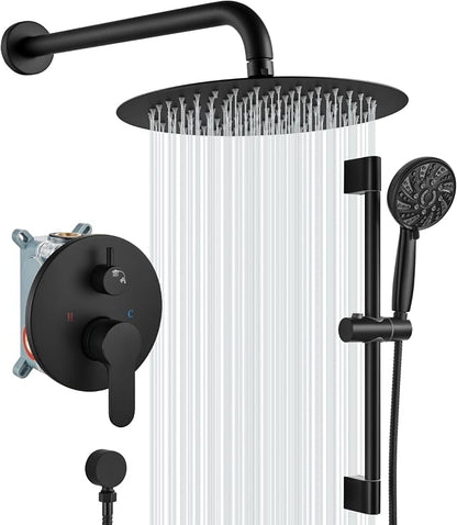 gotonovo Slide Bar Shower System Faucet Set Complete,Matte Black,12 Inch | Rain Round Shower Head with 6-Modes Handheld Spray,Valve and Trim Kit Included,Bathroom Wall Mount,All Metal,2-In-1 Diverter