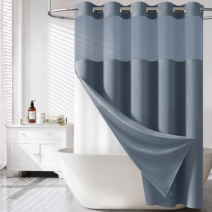 72x81 Ringless Linen Textured Shower Curtain with Snap in Liner, Blue | Tall Size, 3 in 1 Shower Curtain Set, Removable Liner, Waterproof & Washable, Mesh Top Window, Durable Fabric, Easy Setup