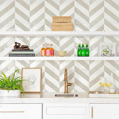 STICKGOO Herringbone Peel and Stick Backsplash, White & Beige, 10 Sheets | 12.6 x 9.7 in, Thicker Rectangular Vinyl Stick-On Wall Tiles, Easy Alignment, Waterproof, Easy to Clean, Kitchen/Bathroom