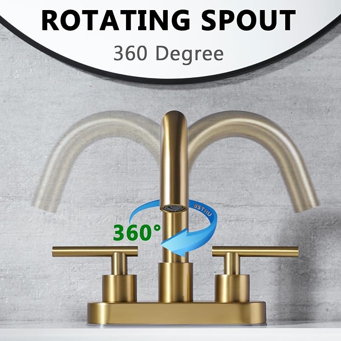 Bathroom Faucet 2 Handle 4 Inch Centerset Vanity Sink Faucet with Metal Overflow Pop Up Drain, 360°Swivel Spout, Stainless Steel, Brushed Brass Gold