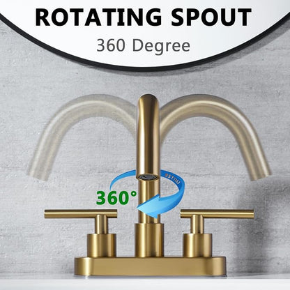 Bathroom Faucet 2 Handle 4 Inch Centerset Vanity Sink Faucet with Metal Overflow Pop Up Drain, 360°Swivel Spout, Stainless Steel, Brushed Brass Gold