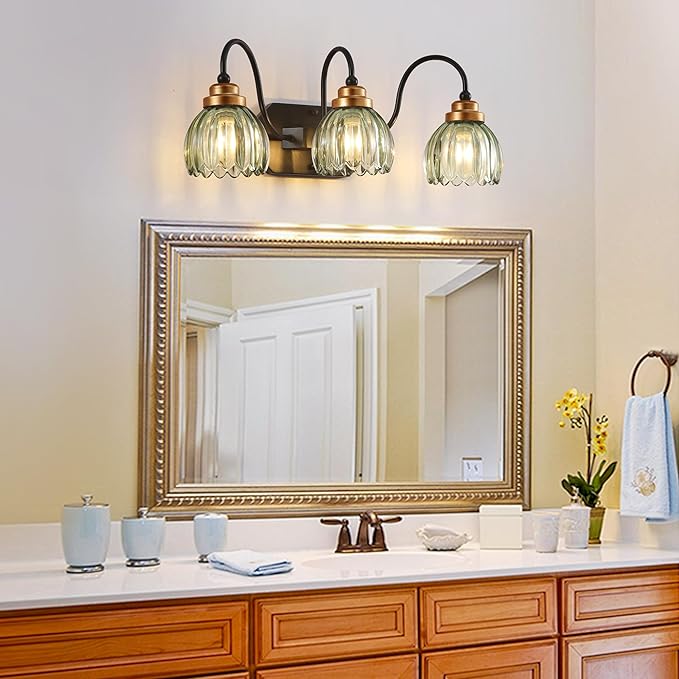 Vintage Bathroom Vanity Light, Bathroom Lighting Fixtures Over Mirror, Mid Century Style Farmhouse Light Fixtures with Green Glass Shades, Black Finish Wall Mount for Bedroom (Green, 3-Light)