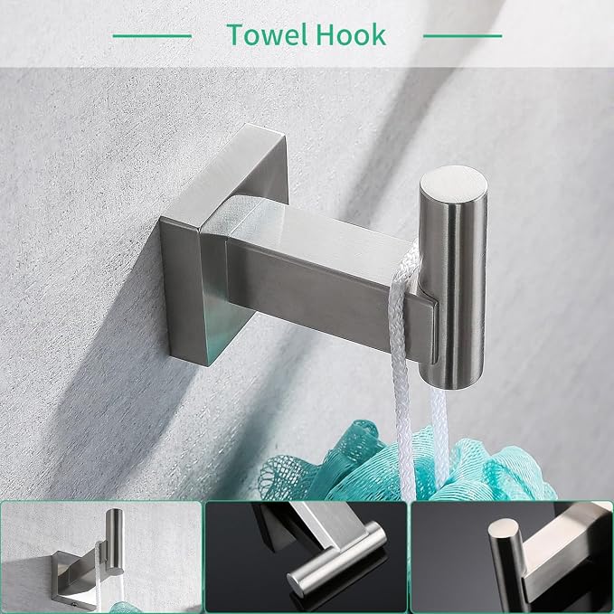 Miyili Bathroom Accessories Set 4-Piece Bath Hardware Kit Brushed Stainless Steel Wall Mount - Includes Double Towel Bar, Hand Towel Rack, Toilet Paper Holder, Robe Hook, BS02N4