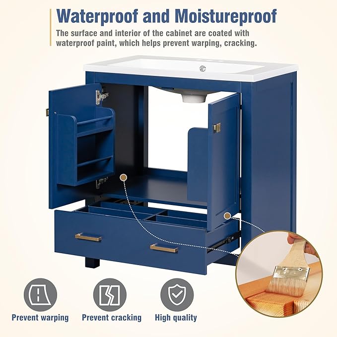 LUMISOL 30" Bathroom Vanity with Sink, Modern Bathroom Sink Cabinet with One Drawer, Soft-Close Doors & Adjustable Shelf, Freestanding Bathroom Storage Cabinet with Undermount Ceramic Sink, Blue