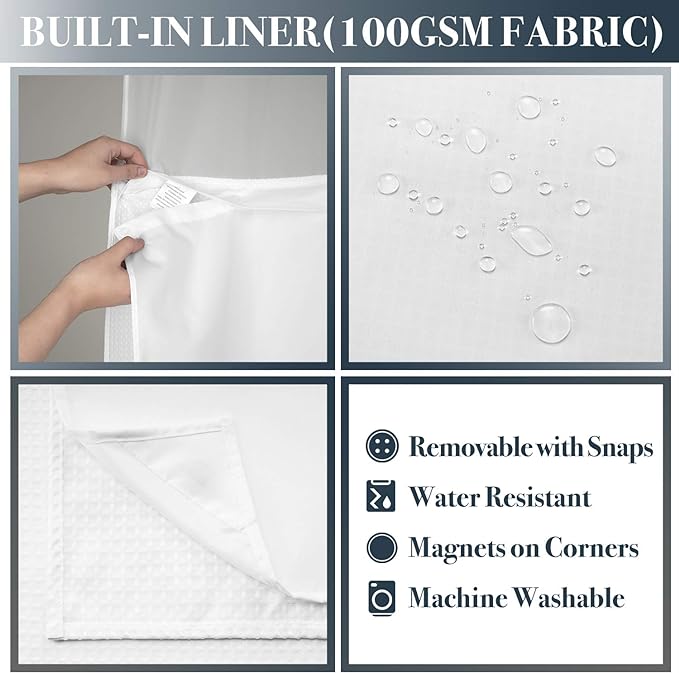 N&Y HOME Waffle Weave Shower Curtain with Snap-in Liner Set White, 71x72 | 12 Metal Hooks Included, Snap on/off Fabric Liner, Mesh Top Window, Washable, Hotel Style Shower Curtain Set for Bathroom