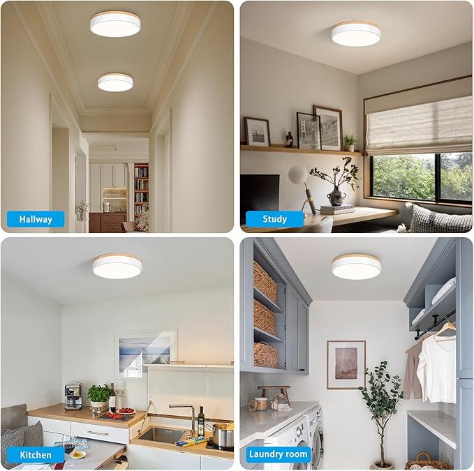 Dimmable Wood Oak Ceiling Light Fixture Modern White LED Flush Mount Ceiling Light 5CCT Minimalist Circle Close to Lighting Fixture for Bedroom Kitchen Bathroom Laundry Room 11.81 Inch