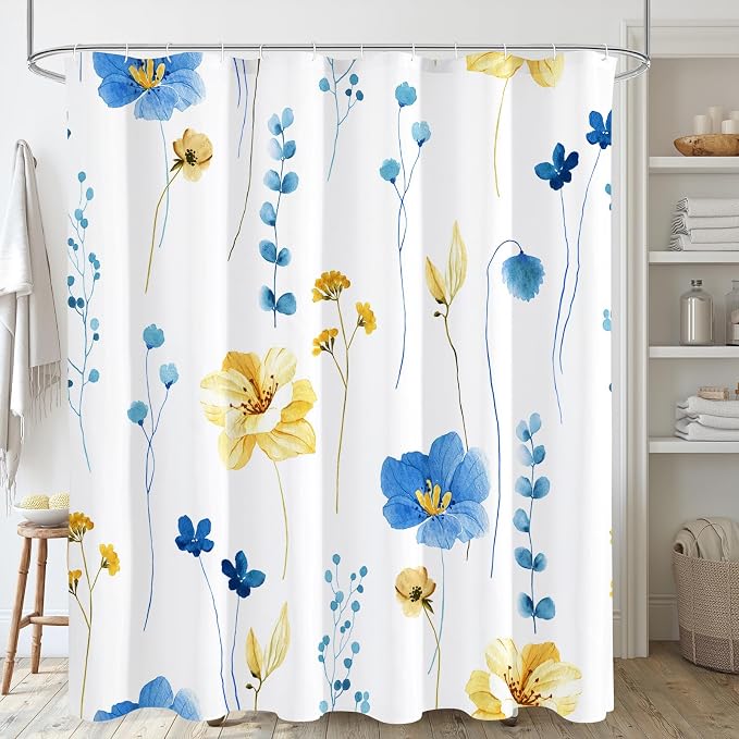 Blue Yellow Watercolor Floral Fabric Shower Curtain, 72x72 | Waterproof Fabric, Modern Minimalist Floral Print, Machine Washable, Rustproof Grommets, Fade Resistant, for Bath Home RV