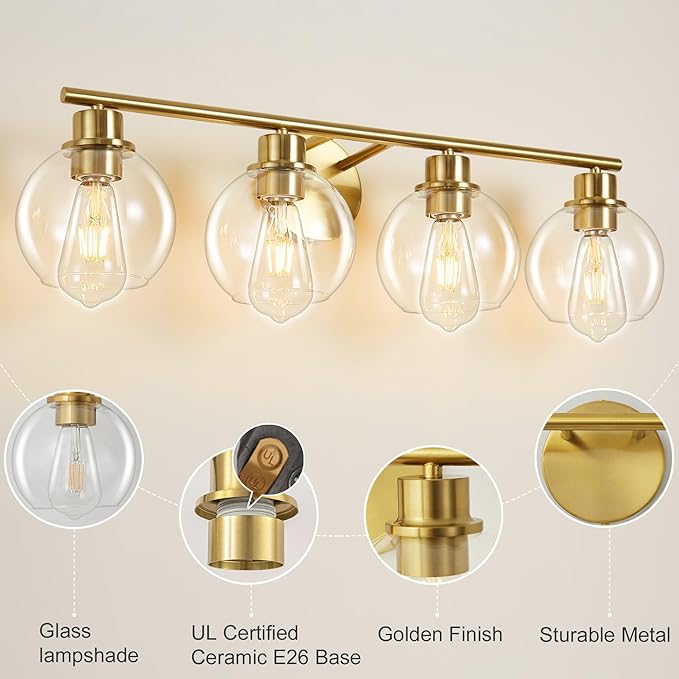 Bathroom Vanity Light, 29.5 Inch Modern Wall Sconce with Clear Glass Shade, 4-Light Gold Over Mirror Vanity Lighting for Bathroom
