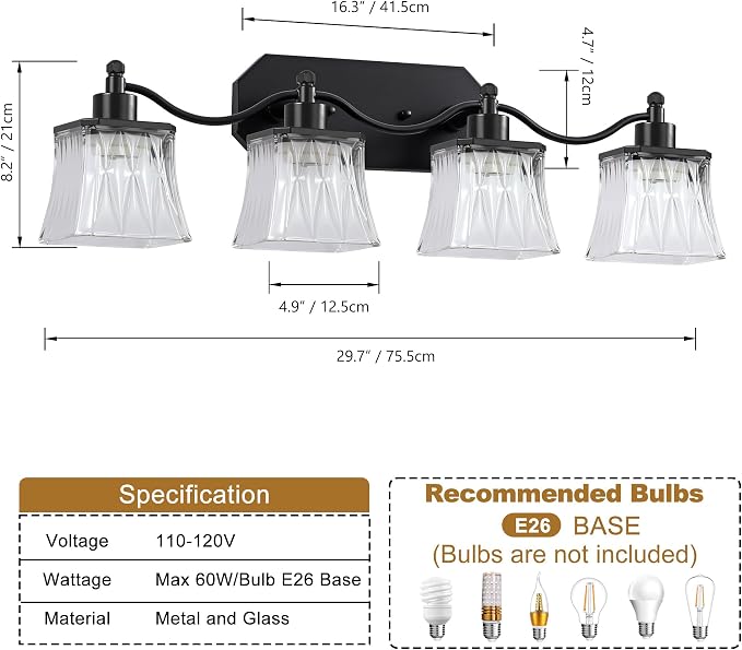 4-Light Matte Black Vanity Light, Vintage Crystal Glass Shades | Rust & Humidity Resistant Iron Frame,Mounted Over Mirror, Compatible with E26 Bulbs for Bathroom, Bedroom & Hallway