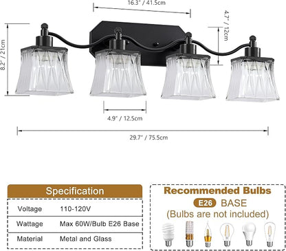 4-Light Matte Black Vanity Light, Vintage Crystal Glass Shades | Rust & Humidity Resistant Iron Frame,Mounted Over Mirror, Compatible with E26 Bulbs for Bathroom, Bedroom & Hallway