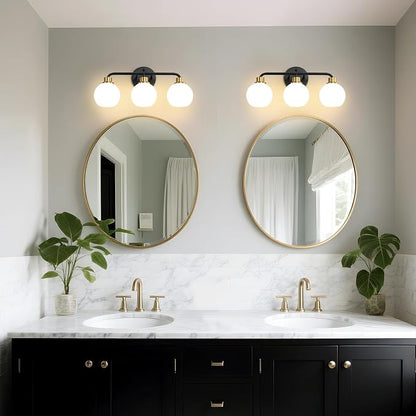 3 Light Bathroom Vanity Light, Black and Gold Bathroom Light Fixtures | with Milk Glass Shade Modern Wall Sconces Lighting Bath Wall Lights Lamp for Mirror Kitchen Living Room Bedroom Hallway