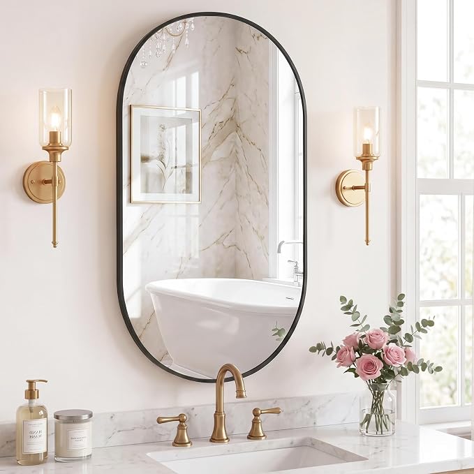 Sweetcrispy Oval Bathroom Wall Mirror, Vanity Mirror, 24x36 Inch | Metal Frame Tempered Glass, Over Sink Living Room, Bedroom Entryway Hang, Horizontal or Vertical, Black