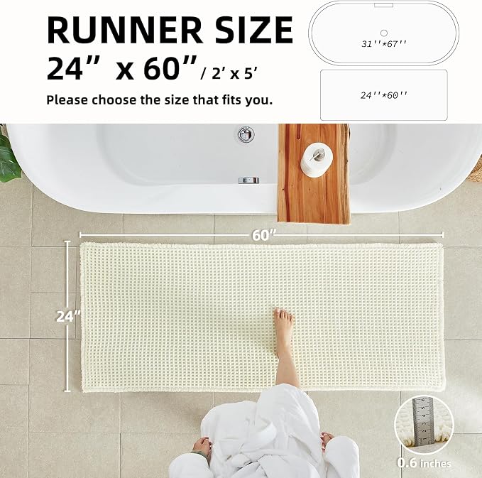 TYUU Cream White Waffle Runner Rug Bathroom, Long Boho Bath Mat, 60x24 | Super Absorbent Quick Dry Bath Rug, Non-Slip Backing, Soft Waffle Washable Farmhouse Bathroom Mats, Tub, Shower & Home Decor