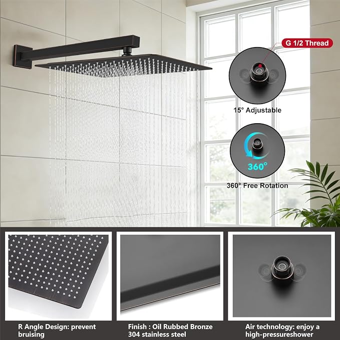 Midanya Shower System with Tub Spout,16 Inch Shower Head,Oil Rubbed Bronze | with Valve & Trim Kit,Square Rain Head,Handheld Sprayer,Waterfall Spout,All Metal Wall Mount Bathroom Shower Tub Faucet Set