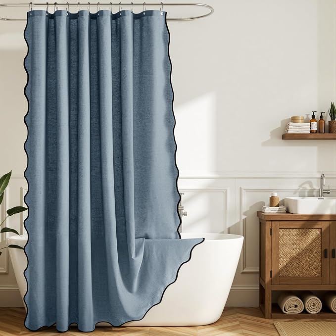 MIULEE Dusty Blue Scalloped Linen Shower Curtain 72W x 72L | 12 metal hooks, Linen scalloped, waterproof washable, thick heavy cloth, black border, boho farmhouse, bathroom hotel use