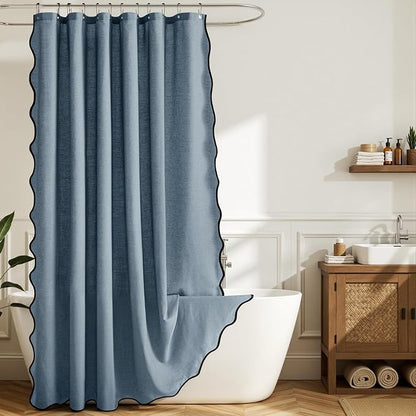 MIULEE Dusty Blue Scalloped Linen Shower Curtain 72W x 72L | 12 metal hooks, Linen scalloped, waterproof washable, thick heavy cloth, black border, boho farmhouse, bathroom hotel use