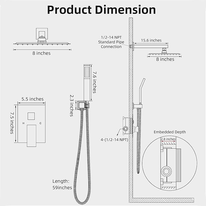 Shower Faucet Set With 8" Shower Head And Handheld Gold | Wall Mounted Shower System Valve Include 2 Function