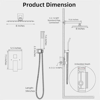 Shower Faucet Set With 8" Shower Head And Handheld Gold | Wall Mounted Shower System Valve Include 2 Function