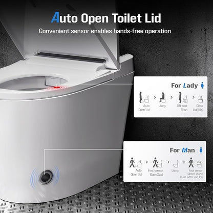 Modern Smart Toilet with Built-In Bidet, Electric Toilet, Auto Open/Close Lid, Heated Seat, Dual Auto Flush & Foot Sensor, Tankless, Warm Water Wash & Dryer, Wireless Remote, 1000g MaP