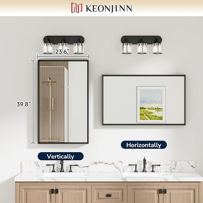 Keonjinn 40 x 24 Inch Black Bathroom Mirrors for Over Sink, Metal Frame | Beveled Rectangle Framed Mirrors for Wall, Black Bathroom Vanity Mirror, Tempered Glass, Square Corner, Farmhouse Style