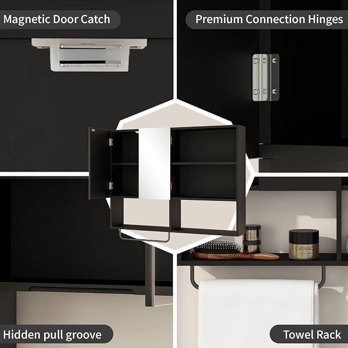 Bathroom Wall Cabinet, Medicine Cabinet, with Mirror & Towel Bar, Black