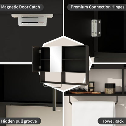 Bathroom Wall Cabinet, Medicine Cabinet, with Mirror & Towel Bar, Black