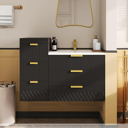 12 Inch Floating Bathroom Side Cabinet, Wall Mounted Bathroom Storage Cabinet with 3 Drawers, Modern Slim Organizer with Decor Line, Gold Metal Pulls