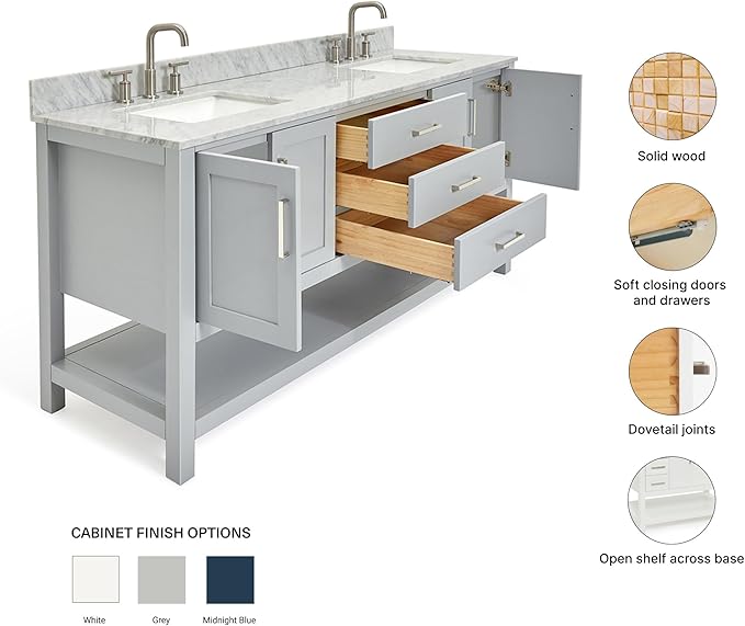 ARIEL Magnolia 72-inch Bathroom Vanity with Sink,Solid Wood, 0.75-inch Italian Carrara Marble Countertop, Double Rectangular Porcelain Sink, 4 Soft Closing Doors, 3 Dovetail Drawers, Grey