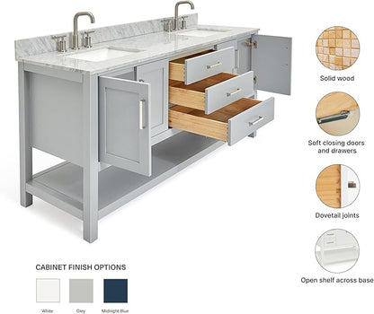 ARIEL Magnolia 72-inch Bathroom Vanity with Sink,Solid Wood, 0.75-inch Italian Carrara Marble Countertop, Double Rectangular Porcelain Sink, 4 Soft Closing Doors, 3 Dovetail Drawers, Grey