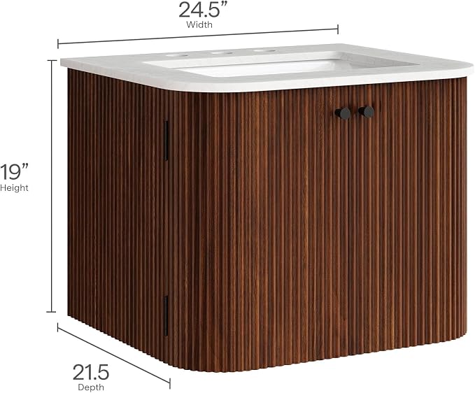 Modway Zia 24 inch Wall-Mount Bathroom Vanity in Walnut with Marble Sink Basin - Floating Bathroom Cabinet with Fluted Design