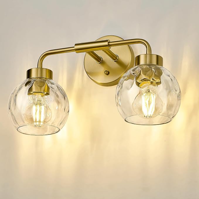 zeyu 2-Light Gold Globe Vanity Light, Water Ripple Glass, ZS62BG-2W BG-WG | Bathroom Lighting Fixtures Over Mirror, Water Ripple Globe Glass, Brushed Gold Finish, Metal And Glass Construction
