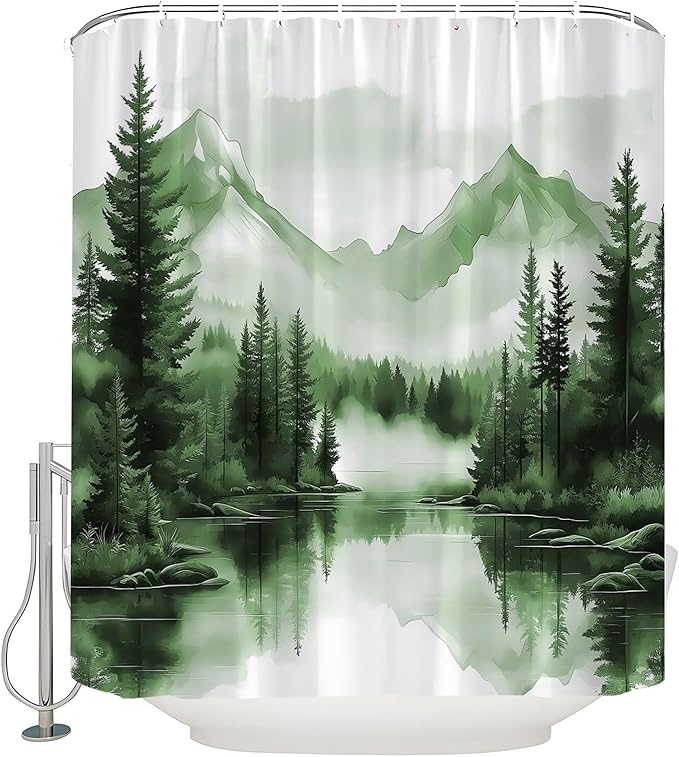 Sage Green Misty Forest Shower Curtain Mountain Foggy Pine Trees Landscape Watercolor Jungle Plant Rustic Nature Scenery Lake Fabric Bathroom Curtain Set with Hook