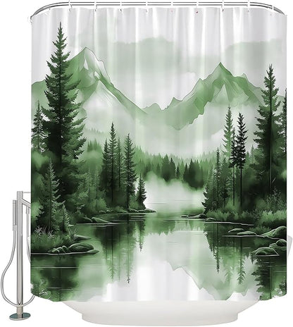 Sage Green Misty Forest Shower Curtain Mountain Foggy Pine Trees Landscape Watercolor Jungle Plant Rustic Nature Scenery Lake Fabric Bathroom Curtain Set with Hook