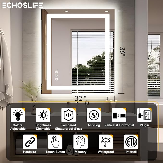 EchosLife 32"x36" LED Bathroom Mirror | Backlit + Front Lit, Anti-Fog, Stepless Dimmable, 3 Colors, Memory, Tempered Glass, UL Listed, Horizontal/Vertical